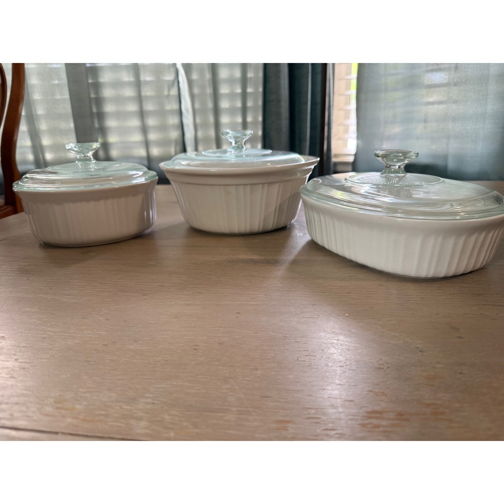 CorningWare French White Casserole Dish Set 3 Piece Stoneware with Glass Lids